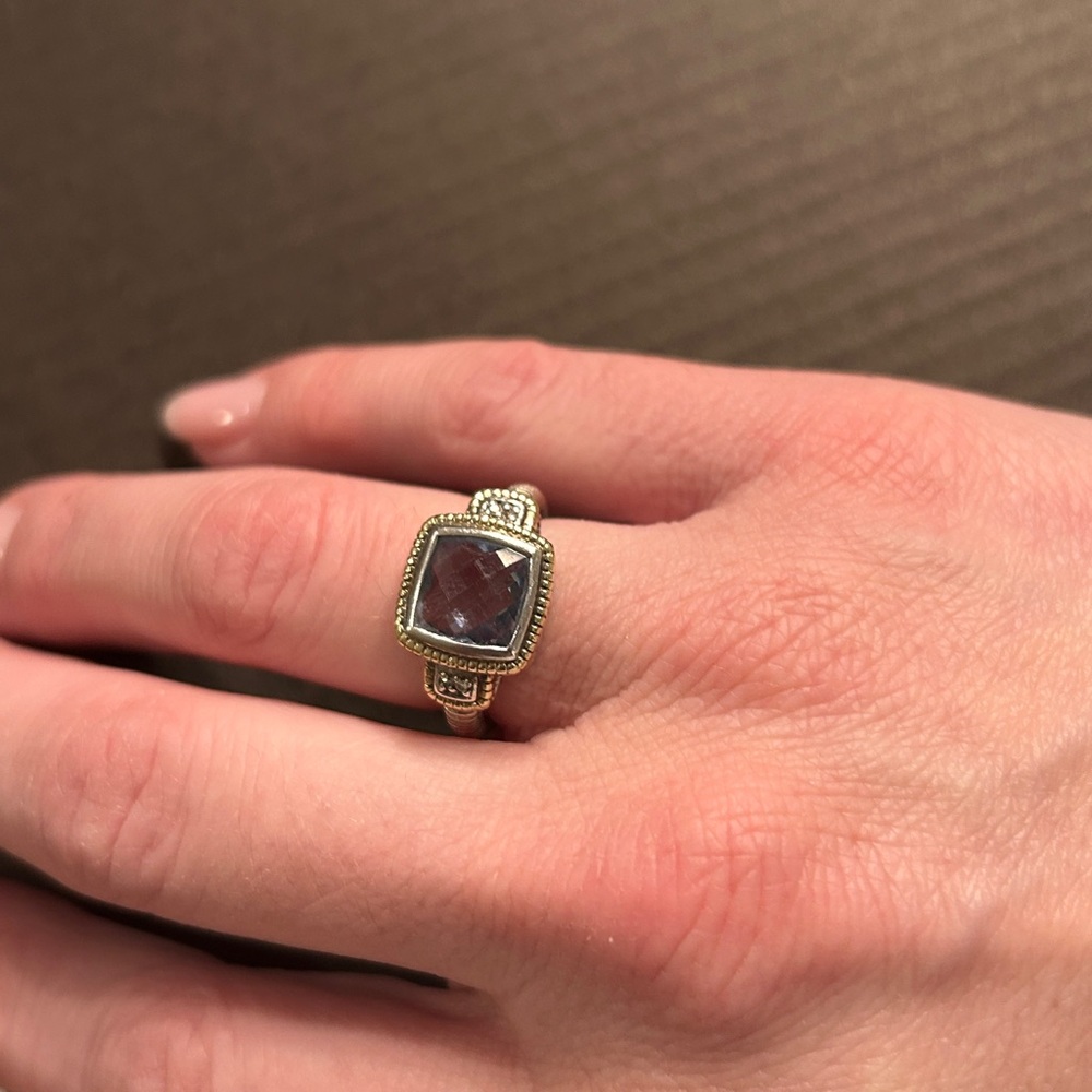 Judith Ripka Gold and Silver Ornate Ring with Sapphire